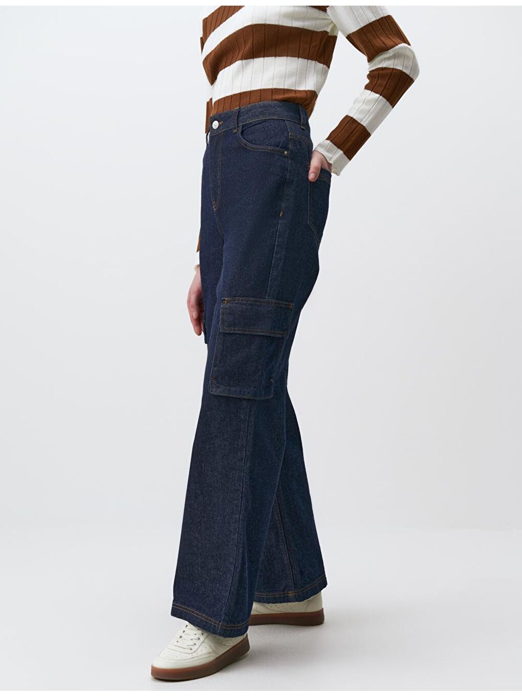 Koyu İndigo Mavi Yüksek Bel Bol Paça Kargo Jean Pantolon-1