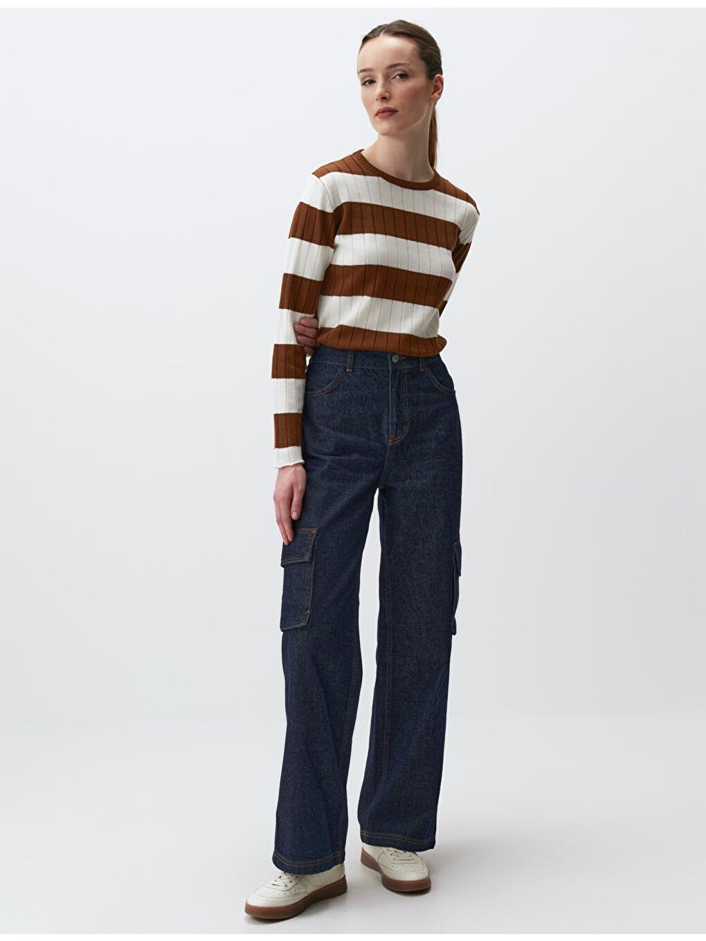 Koyu İndigo Mavi Yüksek Bel Bol Paça Kargo Jean Pantolon-2