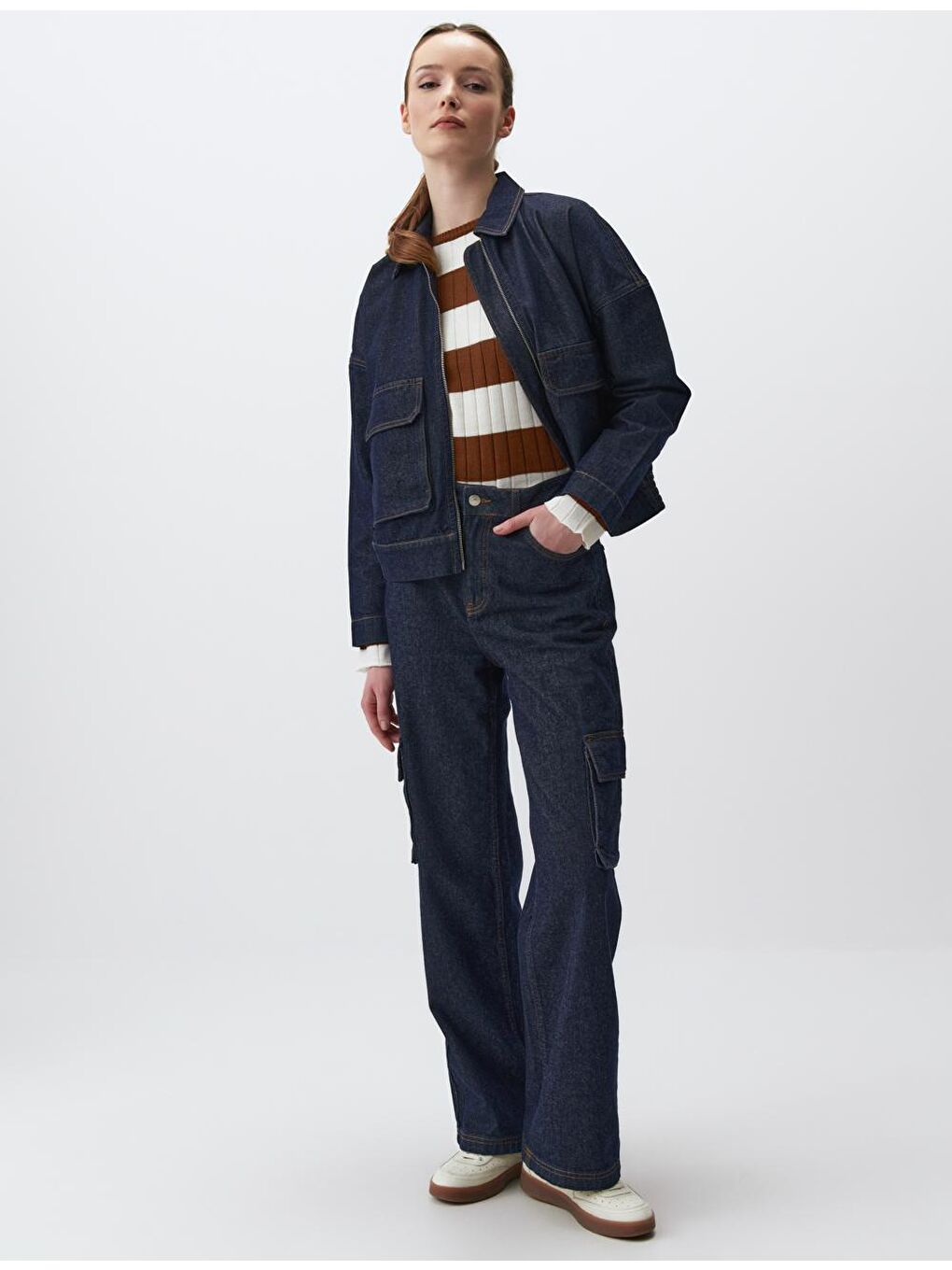 Koyu İndigo Mavi Yüksek Bel Bol Paça Kargo Jean Pantolon-4