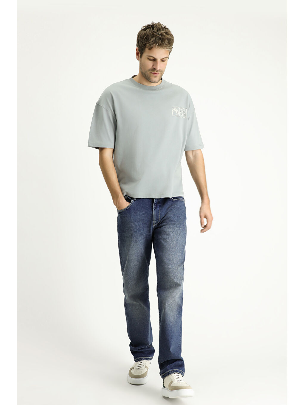 Gri Bisiklet Yaka Oversize Baskılı Süprem Pamuk %100 Pamuk Tişört