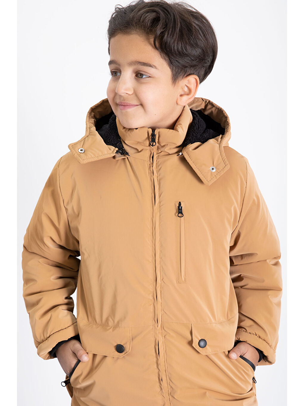 Sarı Hardal Fermuarlı Göğüs Cepli İçi Kürklü Erkek Çocuk Kapüşonlu Mont 21357-4