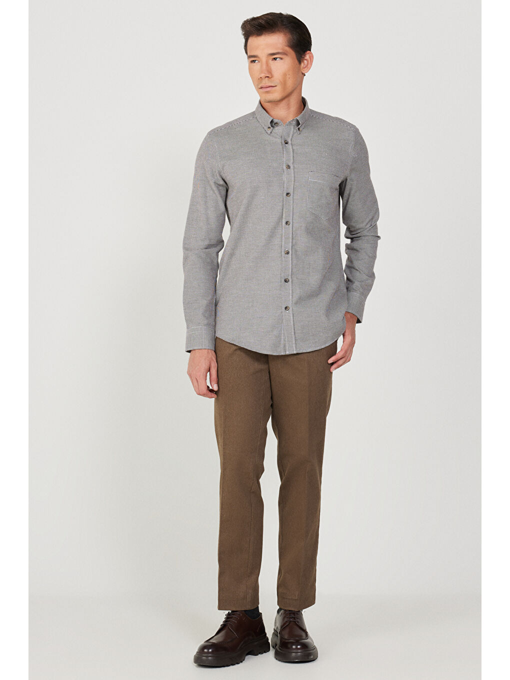 Kahverengi Erkek Açık Kahve Comfort Fit Rahat Kesim Yan Cepli Pamuklu Diyagonal Desenli Pantolon-2