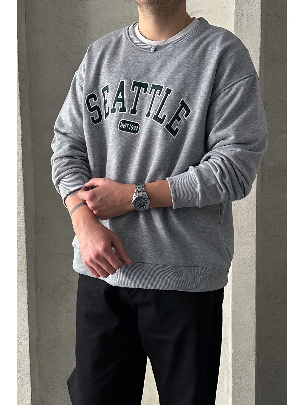 Gri Erkek Seattle Baskılı Oversize Sweatshirt-4