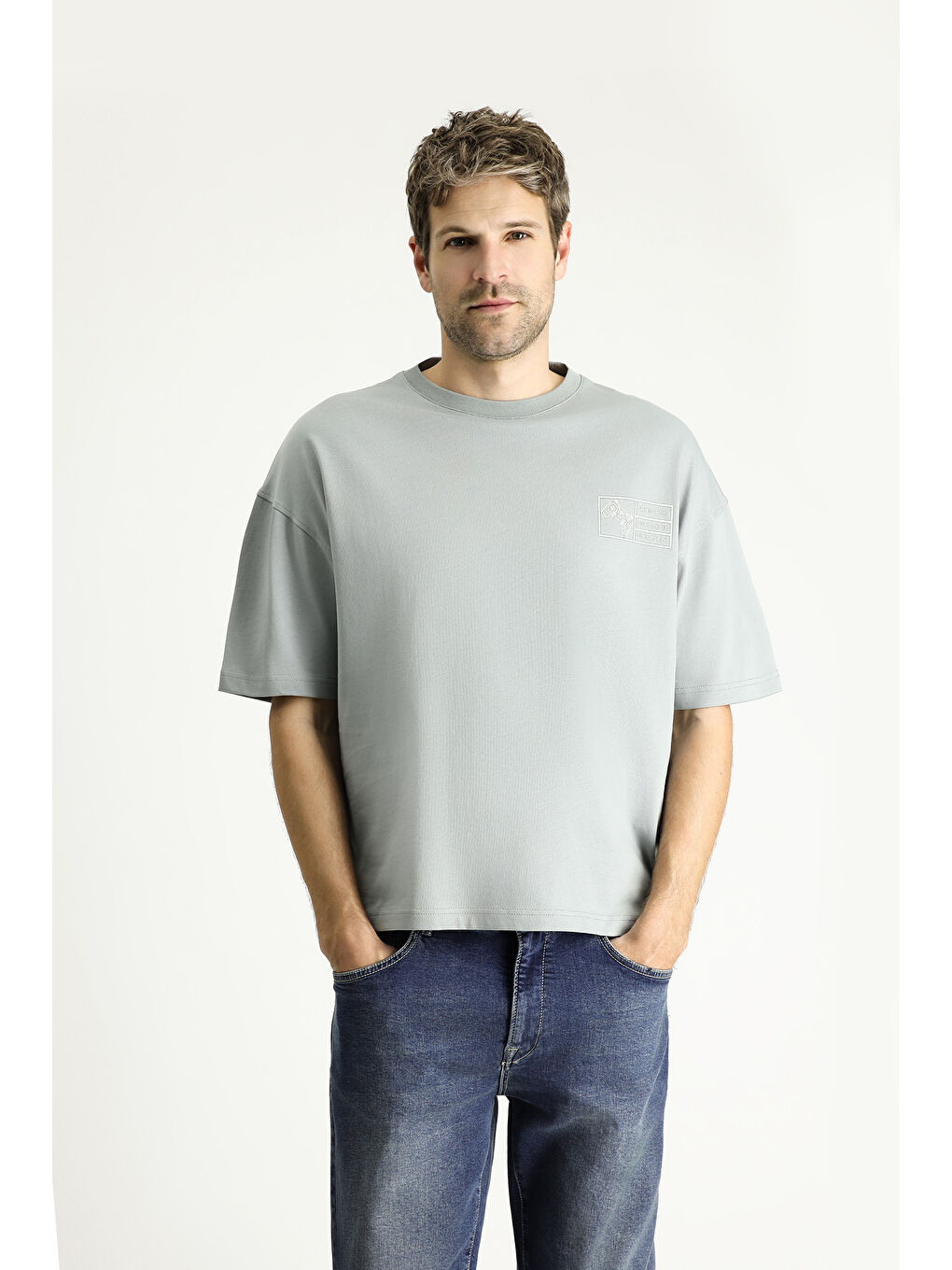 Gri Bisiklet Yaka Oversize Baskılı Süprem Pamuk %100 Pamuk Tişört-1