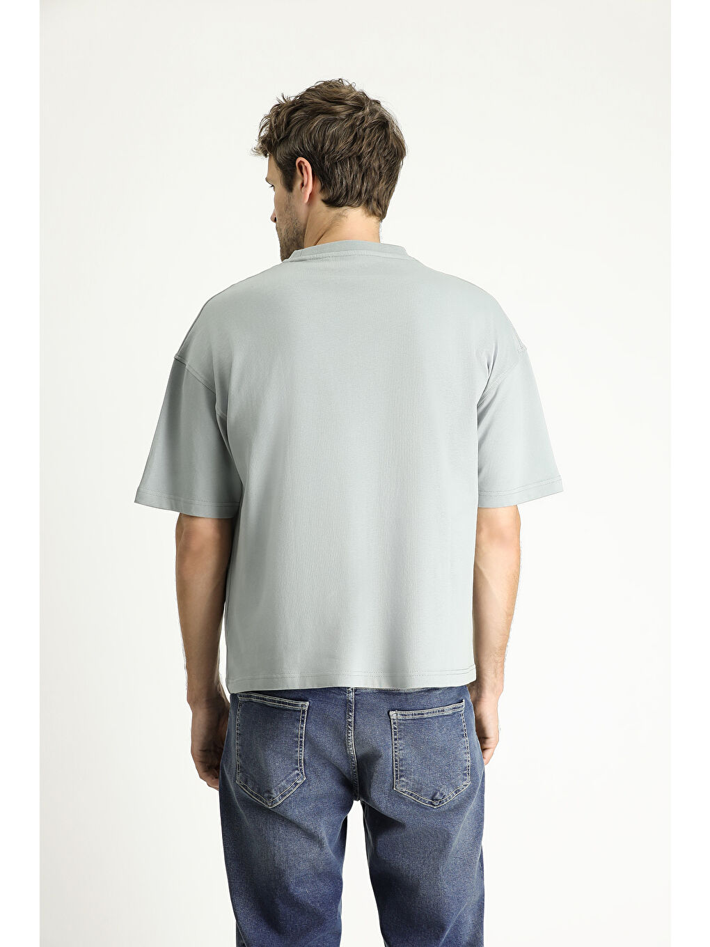 Gri Bisiklet Yaka Oversize Baskılı Süprem Pamuk %100 Pamuk Tişört-2