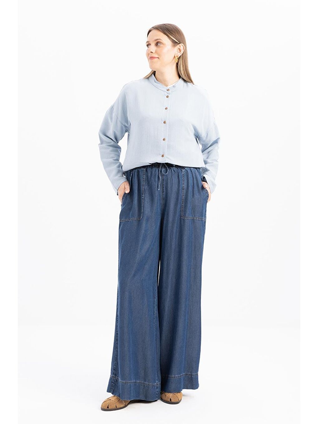 Koyu Mavi-Beli Lastikli Bol Paça Denim Pantolon