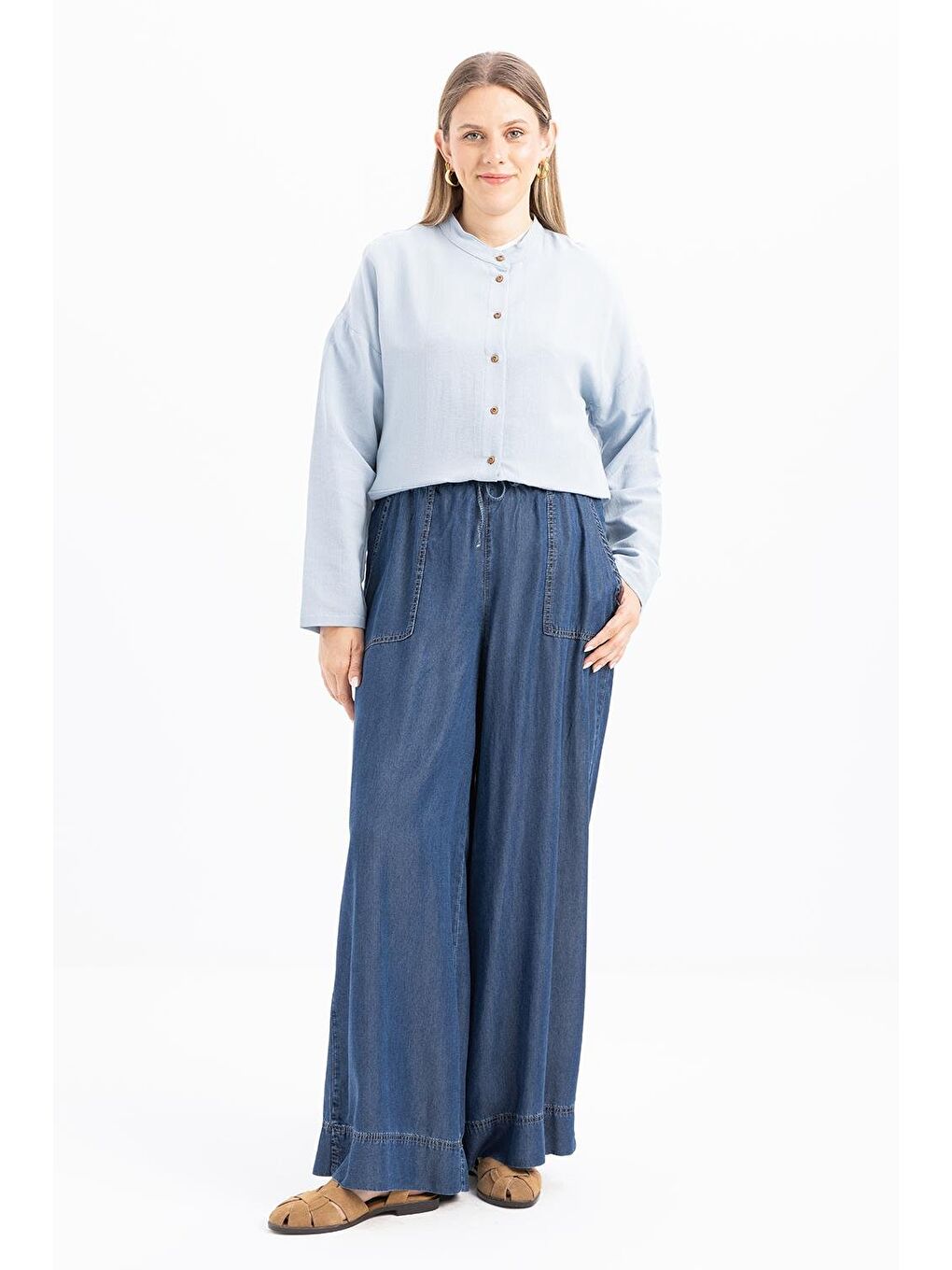 Koyu Mavi-Beli Lastikli Bol Paça Denim Pantolon-1