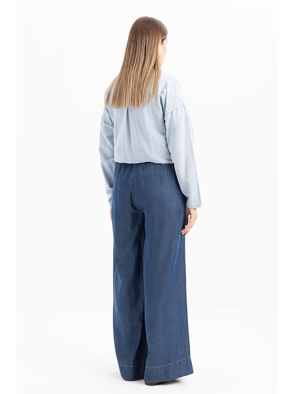 Koyu Mavi-Beli Lastikli Bol Paça Denim Pantolon-3