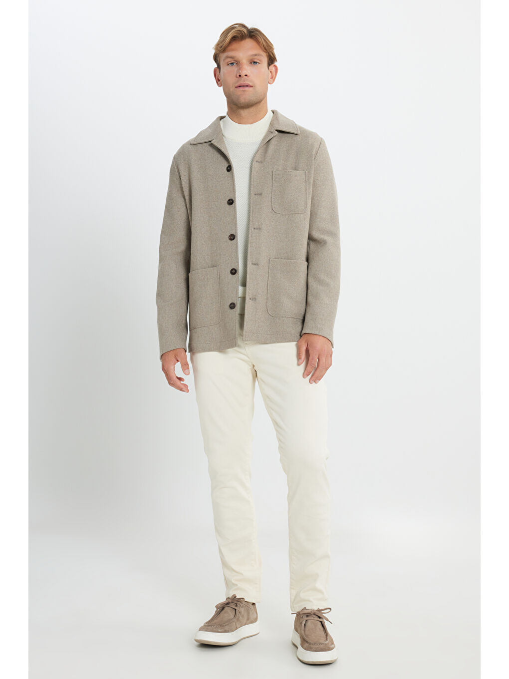 Erkek Bej Yünlü Comfort Fit Rahat Kesim Gömlek Yaka Diagonal Desenli Torba Cepli Ceket-1