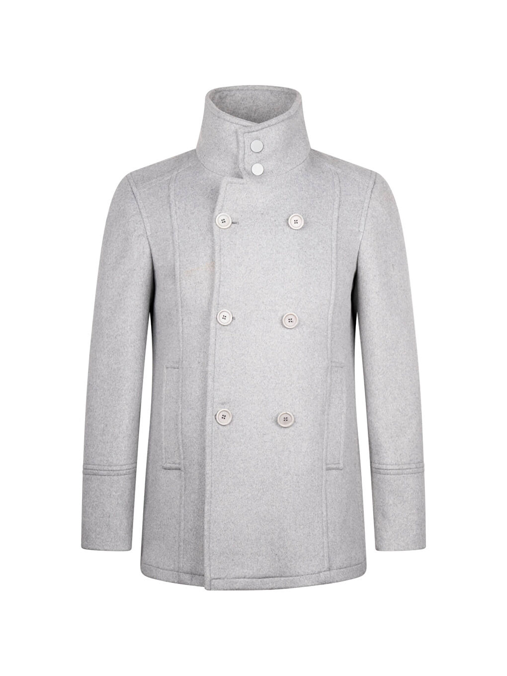 Gri Slim Fit Kruvaze Yünlü Kaşe Kaban