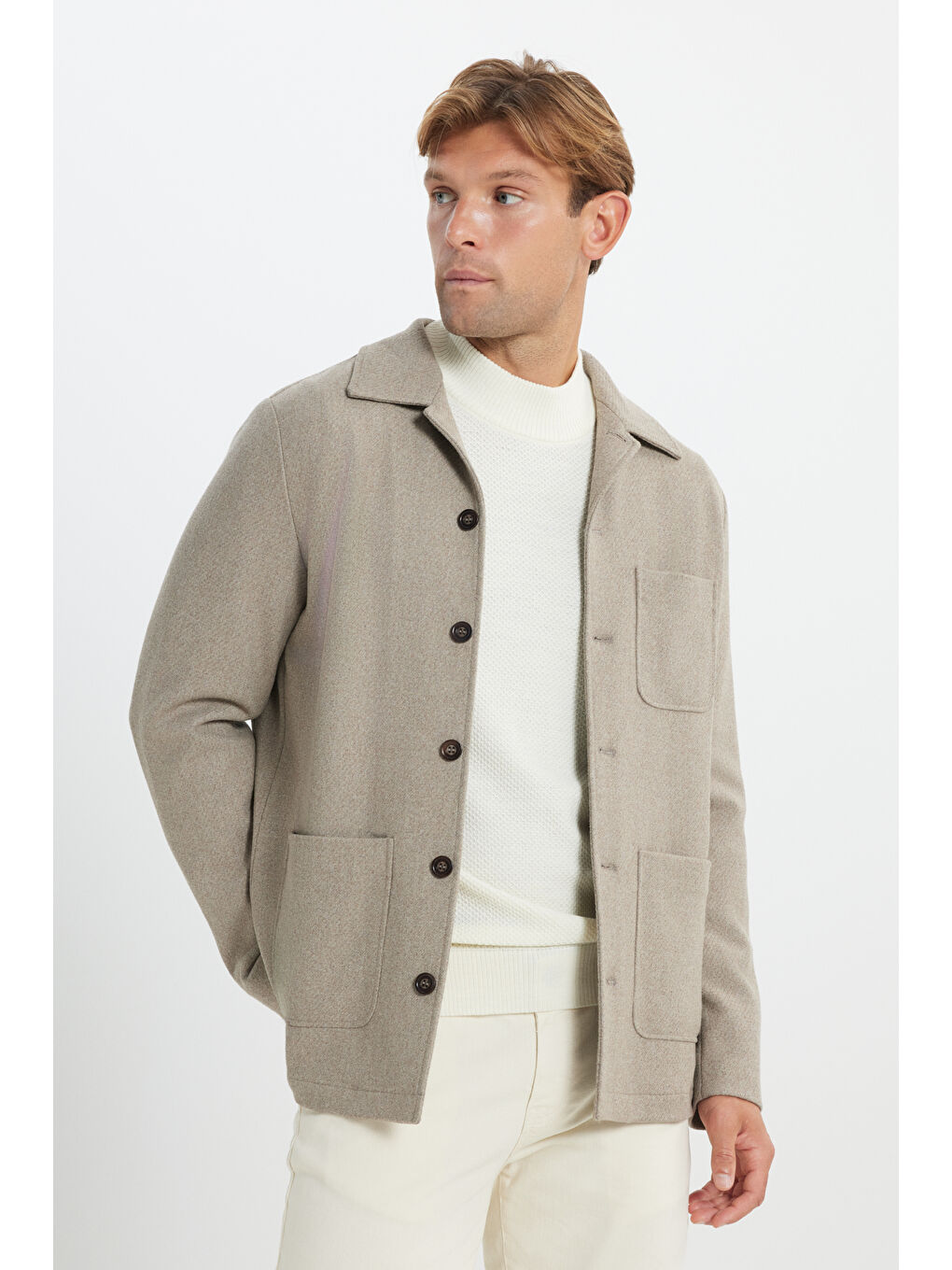 Erkek Bej Yünlü Comfort Fit Rahat Kesim Gömlek Yaka Diagonal Desenli Torba Cepli Ceket-2