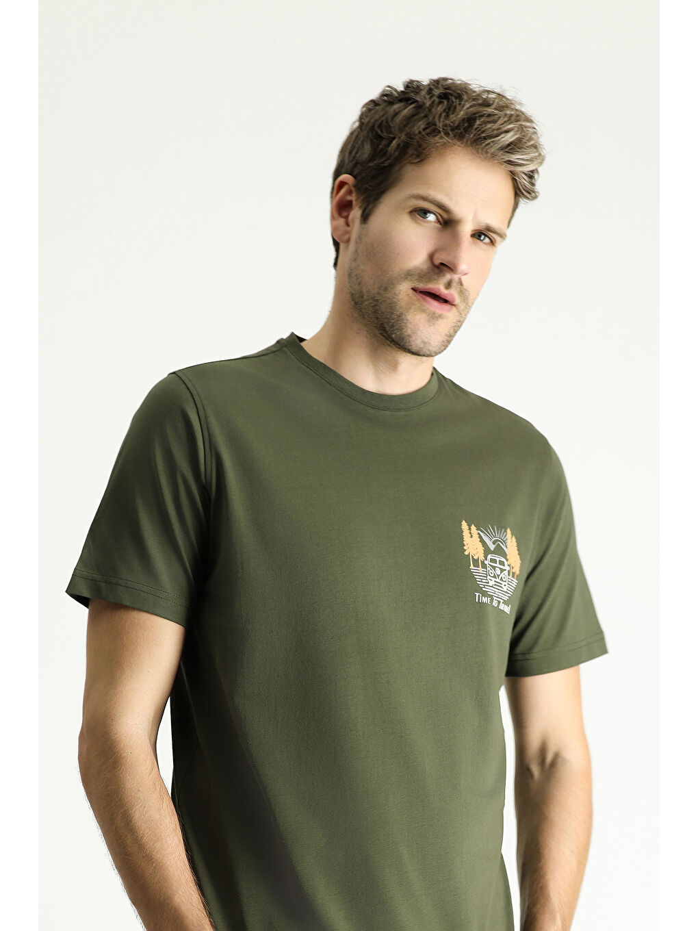 Haki Bisiklet Yaka Regular Fit Baskılı Süprem Pamuk Tişört