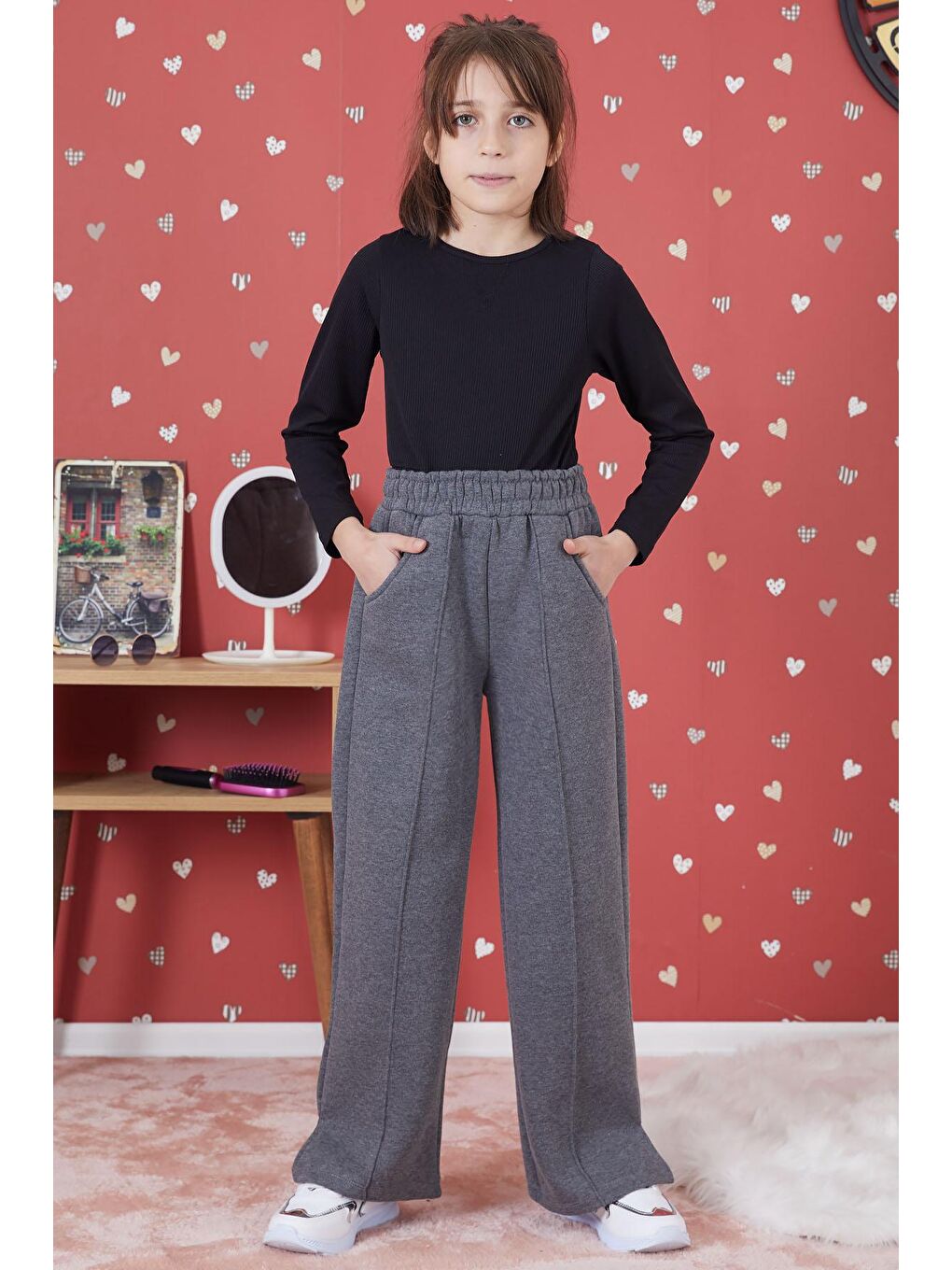 Gri Yırtmaçlı Kız Çocuk Şardonlu Eşofman Altı 17265-3