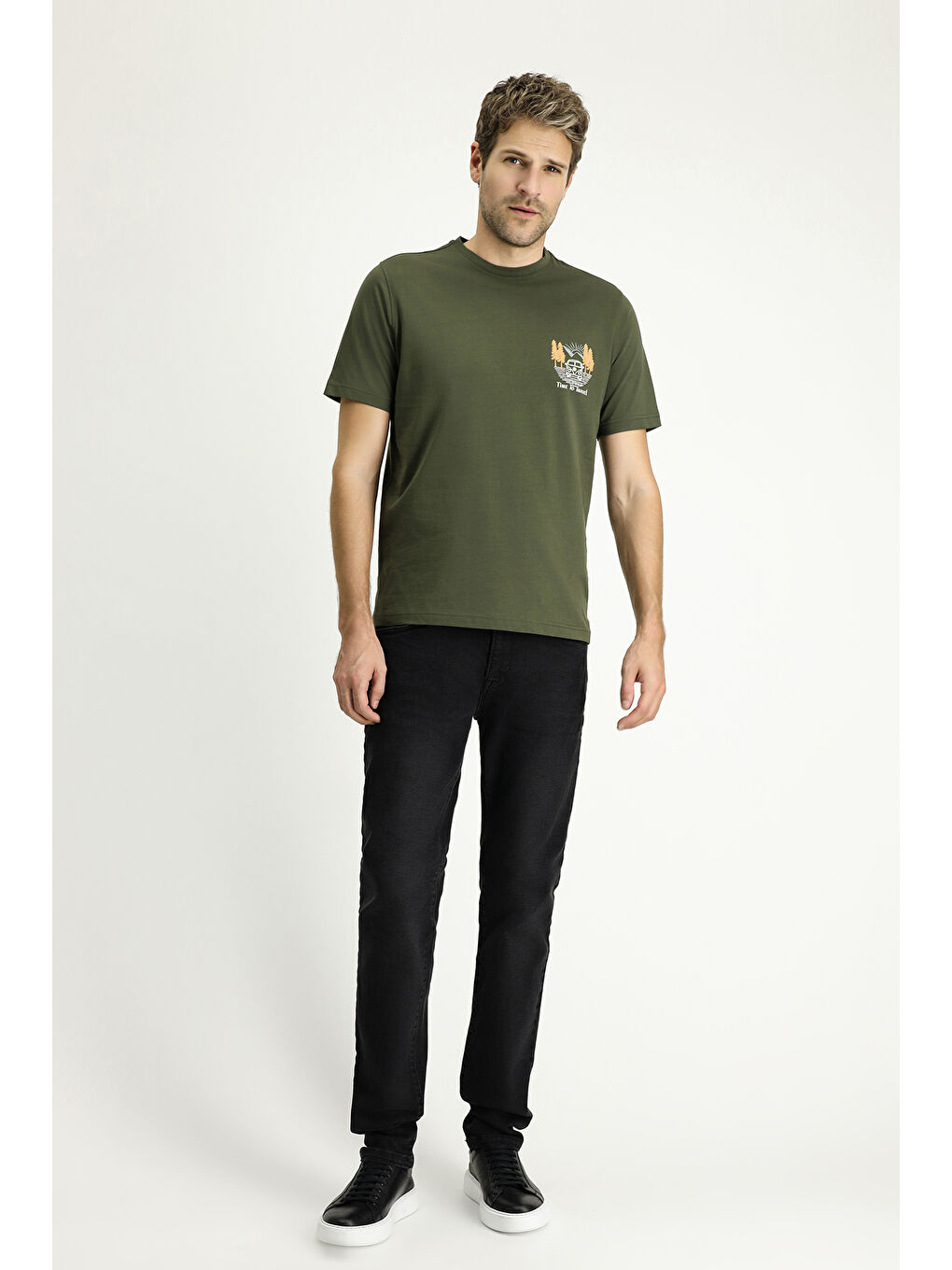 Haki Bisiklet Yaka Regular Fit Baskılı Süprem Pamuk Tişört-1