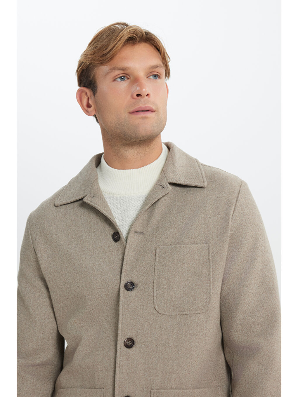 Erkek Bej Yünlü Comfort Fit Rahat Kesim Gömlek Yaka Diagonal Desenli Torba Cepli Ceket-4