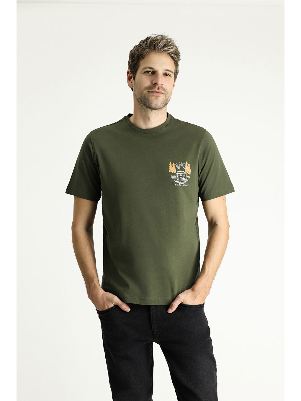 Haki Bisiklet Yaka Regular Fit Baskılı Süprem Pamuk Tişört-2