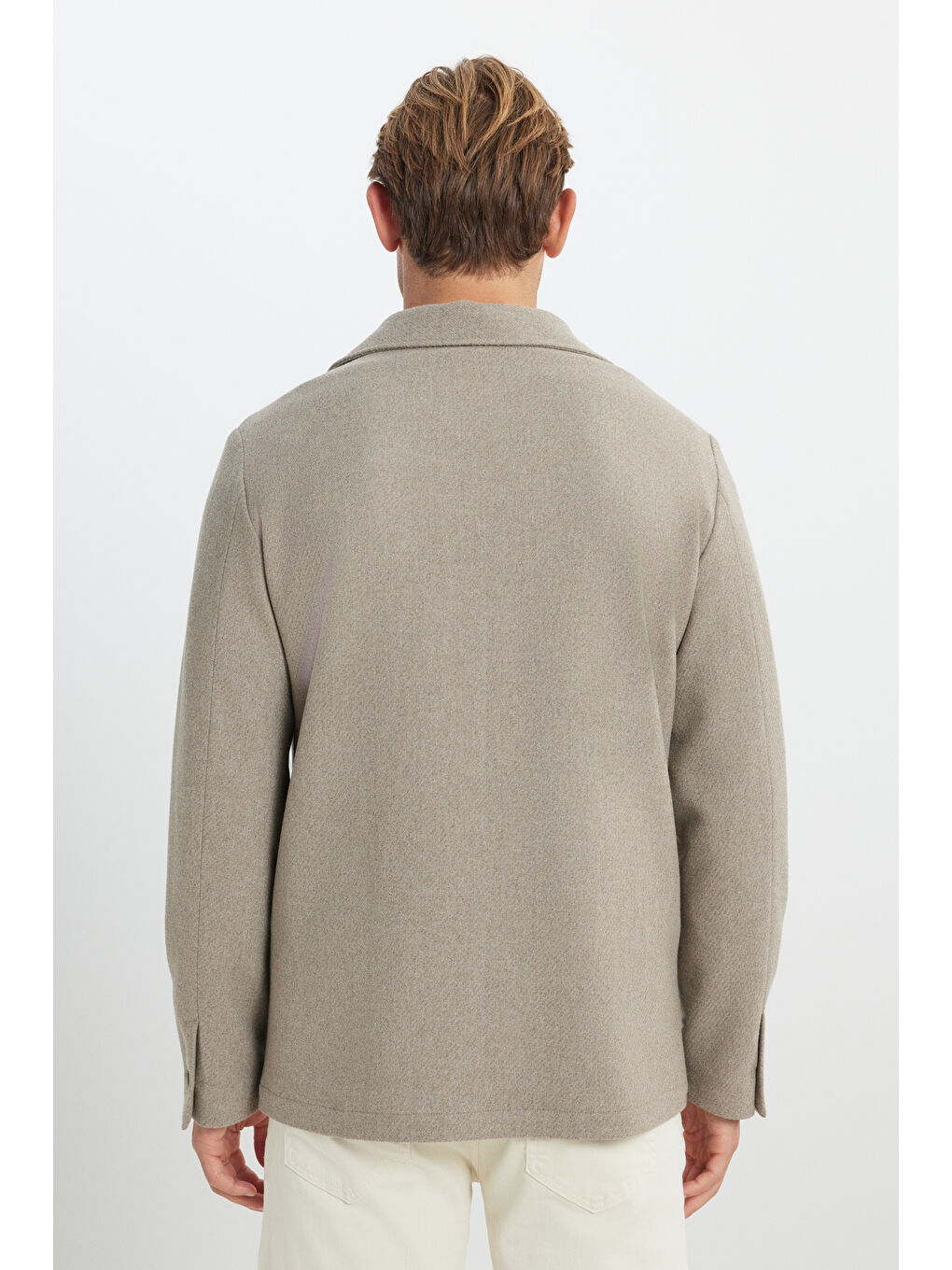 Erkek Bej Yünlü Comfort Fit Rahat Kesim Gömlek Yaka Diagonal Desenli Torba Cepli Ceket-5