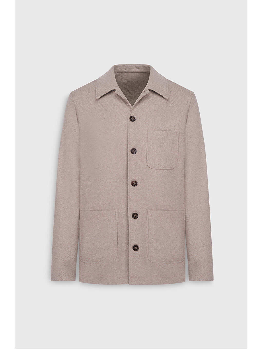 Erkek Bej Yünlü Comfort Fit Rahat Kesim Gömlek Yaka Diagonal Desenli Torba Cepli Ceket-6