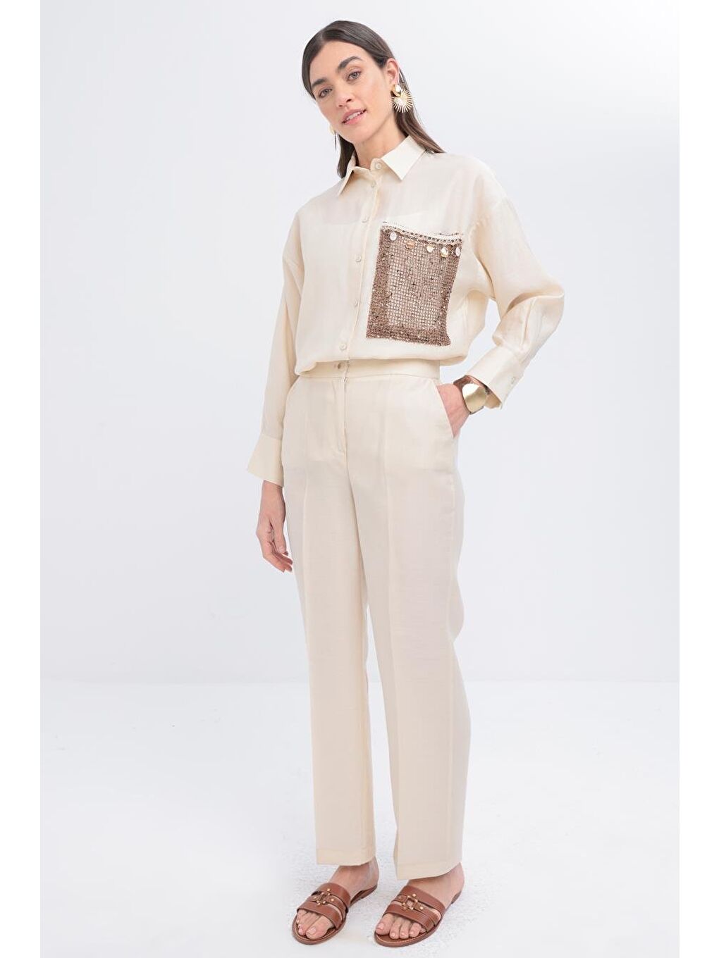 Ekru-Cepli Boru Paça Pantolon-1