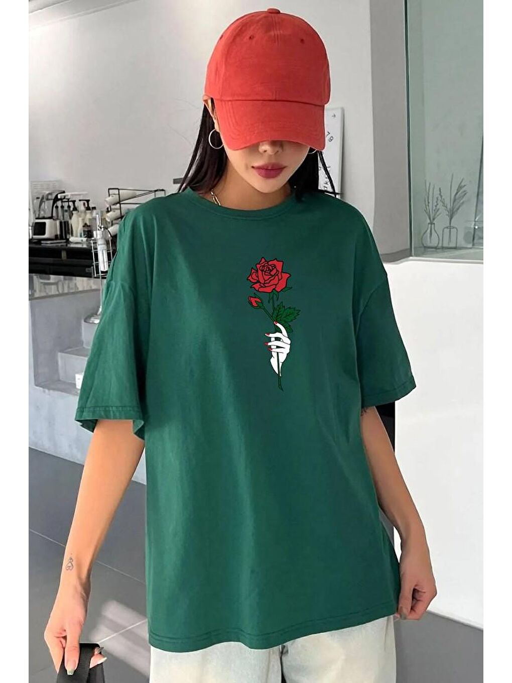 uyguntarz Yeşil Unisex Rose Baskılı T-shirt