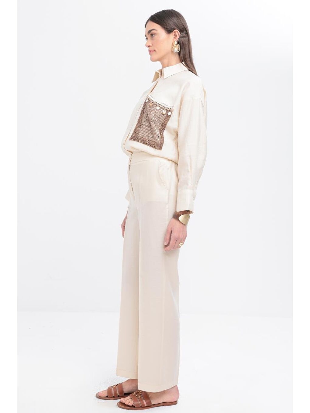 Ekru-Cepli Boru Paça Pantolon-2