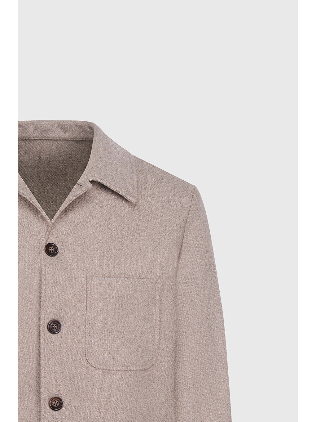 Erkek Bej Yünlü Comfort Fit Rahat Kesim Gömlek Yaka Diagonal Desenli Torba Cepli Ceket-7