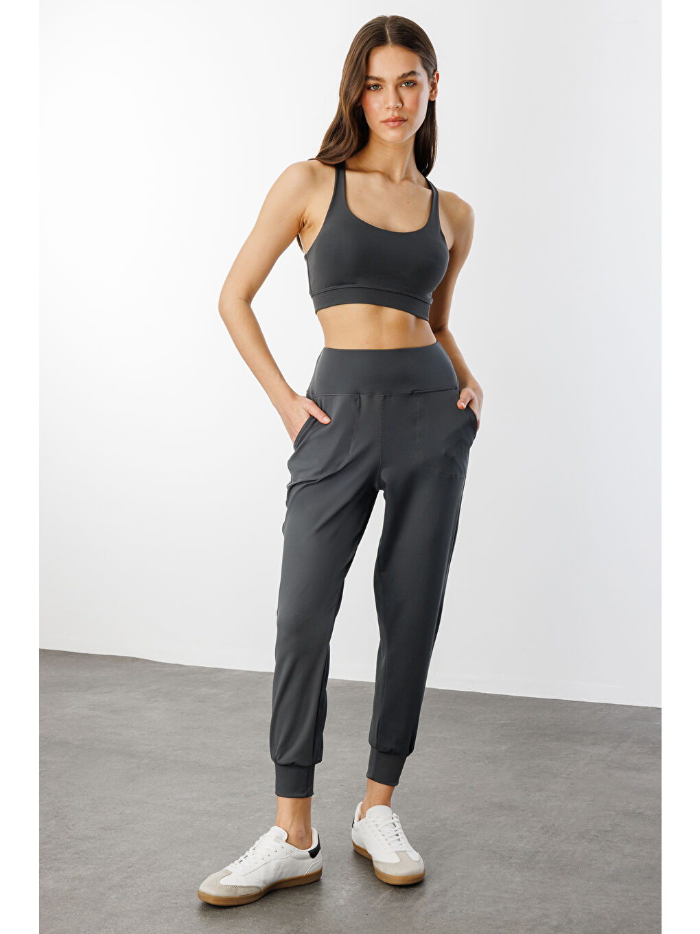 Genius Store Gri Kadın Yüksek Bel Jogger Eşofman Altı Joggers NEW-JOGER