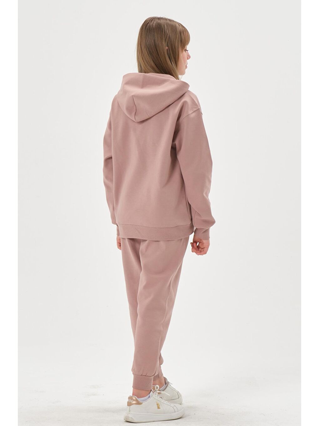 Kahverengi Kapüşonlu Nakış Detaylı Kız Çocuk Eşofman Takımı-5