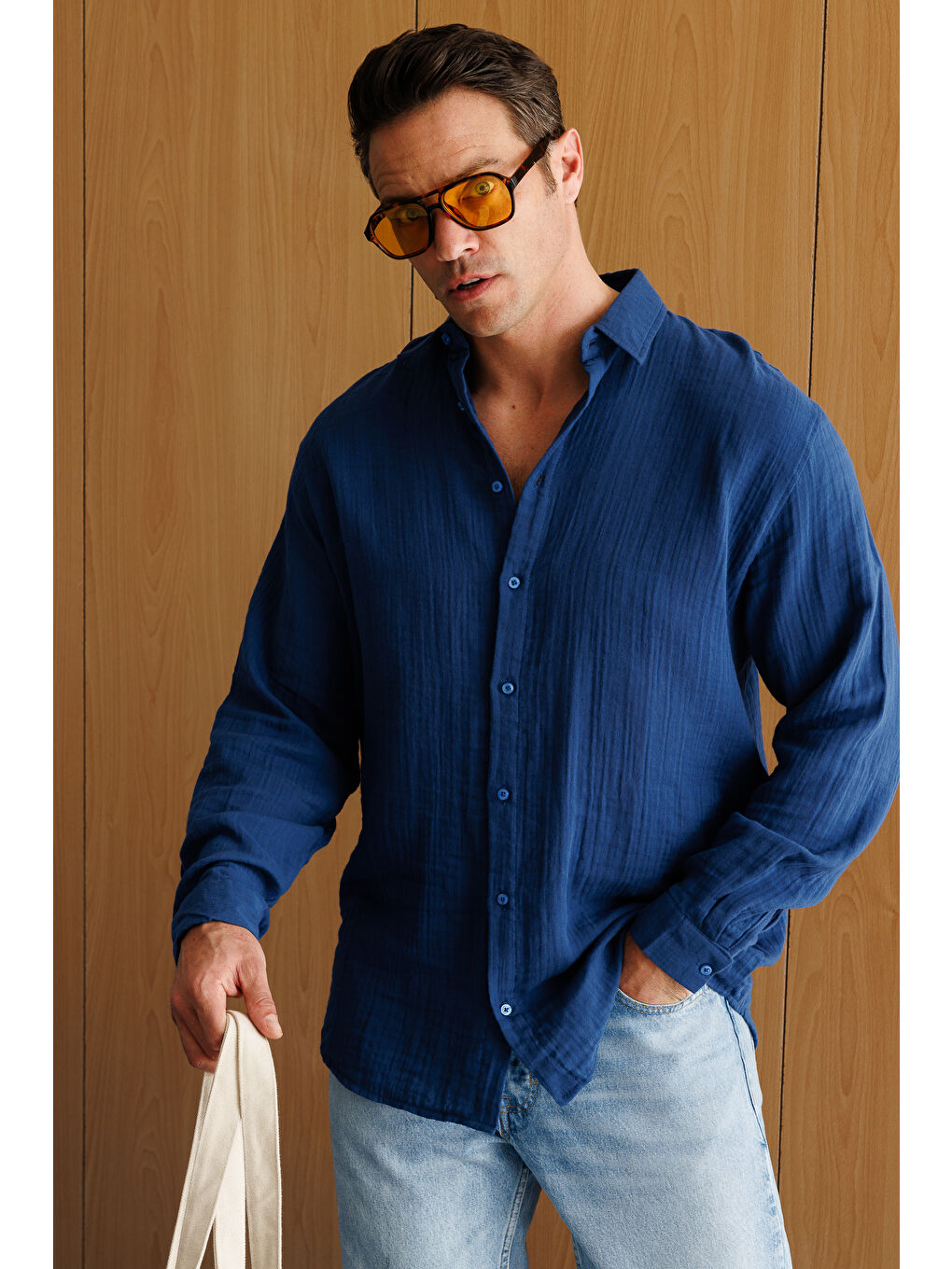 Lacivert Oversize Basic Erkek Müslin Gömlek ERKEK-MÜSLİN-GÖMLEK