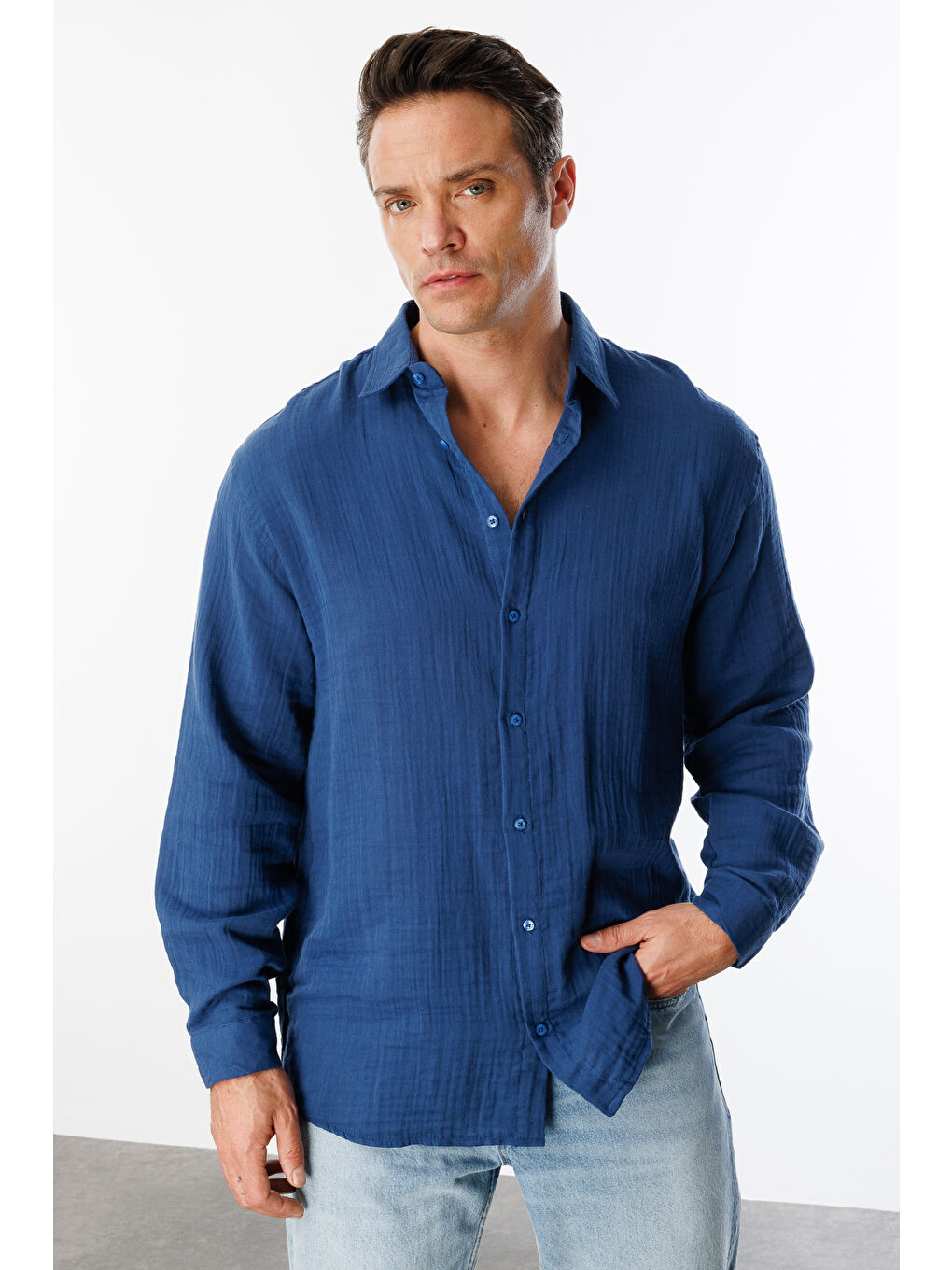 Lacivert Oversize Basic Erkek Müslin Gömlek ERKEK-MÜSLİN-GÖMLEK-1