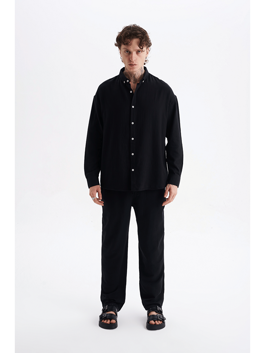 Erkek %100 Pamuklu Keten Görünümlü Pantolon Gömlek Takım Siyah