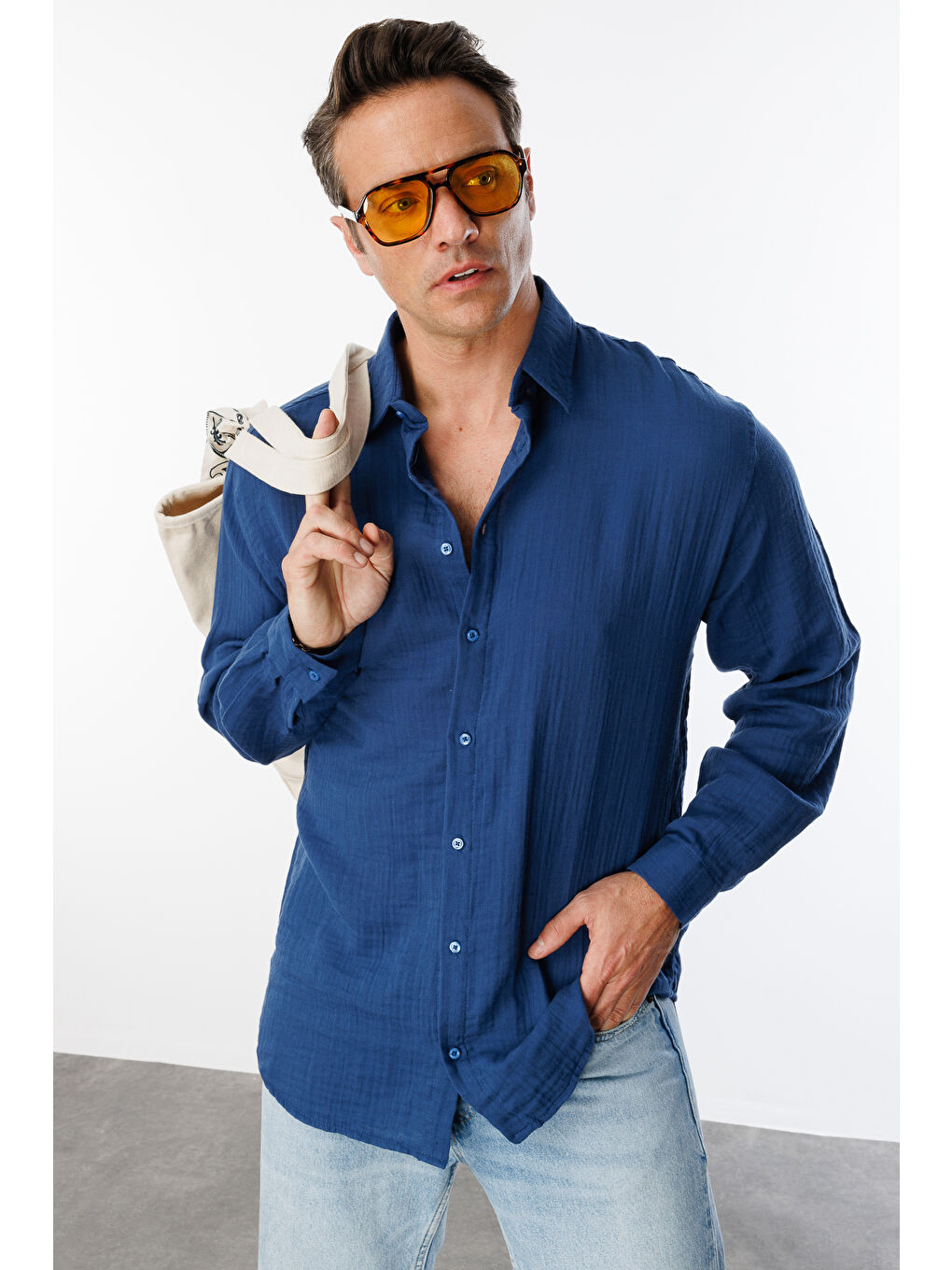 Lacivert Oversize Basic Erkek Müslin Gömlek ERKEK-MÜSLİN-GÖMLEK-2