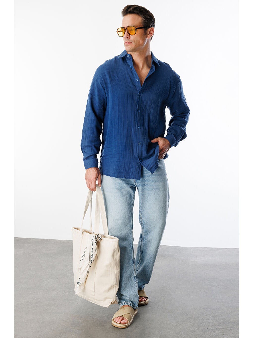 Lacivert Oversize Basic Erkek Müslin Gömlek ERKEK-MÜSLİN-GÖMLEK-3