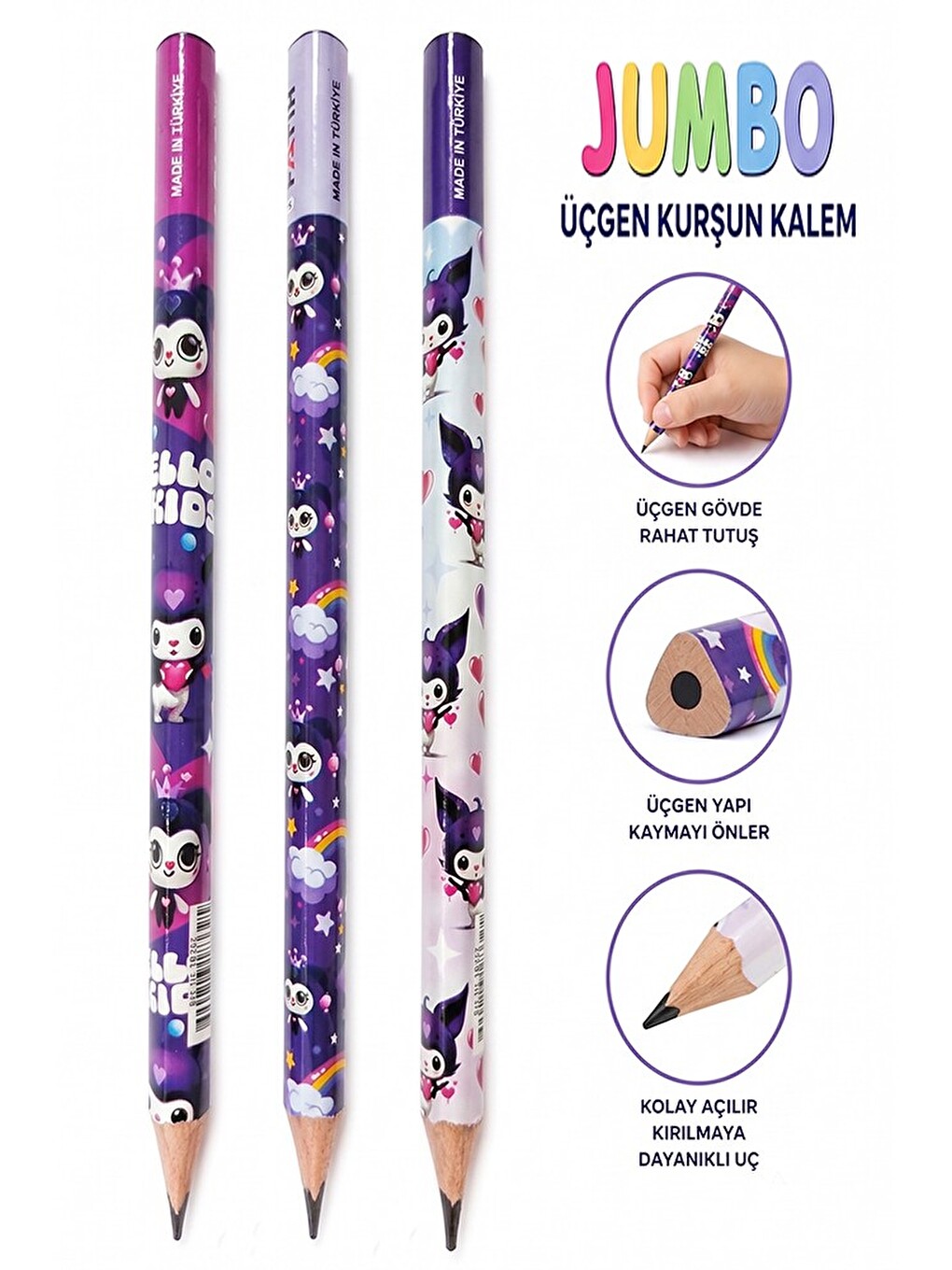 Kuromi Jumbo Kurşun Kalem 3 Adet Üçgen Başlangıç Kalemi Siyah Ilk Kalemim Jumbo Kalın Kalem Ko