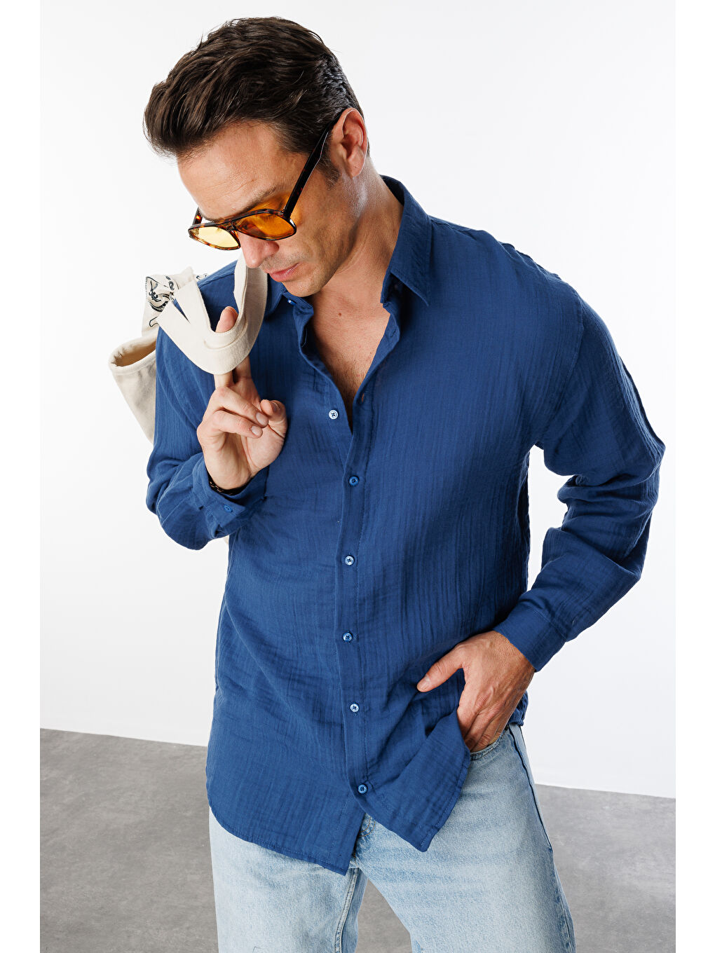 Lacivert Oversize Basic Erkek Müslin Gömlek ERKEK-MÜSLİN-GÖMLEK-4