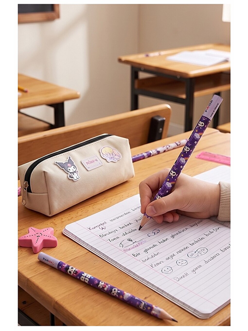 Kuromi Jumbo Kurşun Kalem 3 Adet Üçgen Başlangıç Kalemi Siyah Ilk Kalemim Jumbo Kalın Kalem Ko-1