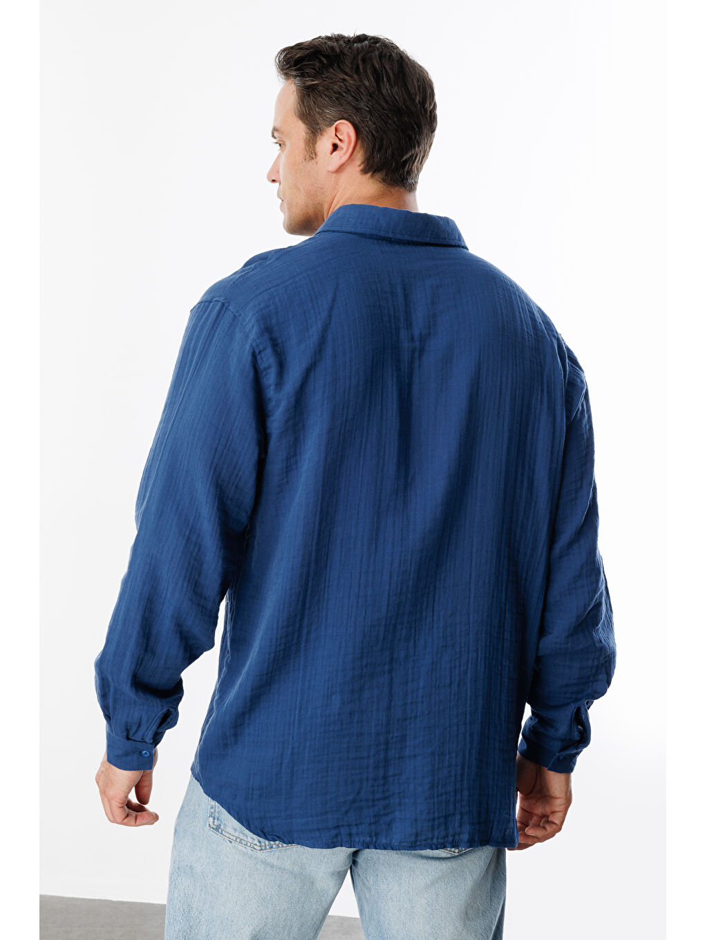 Lacivert Oversize Basic Erkek Müslin Gömlek ERKEK-MÜSLİN-GÖMLEK-5