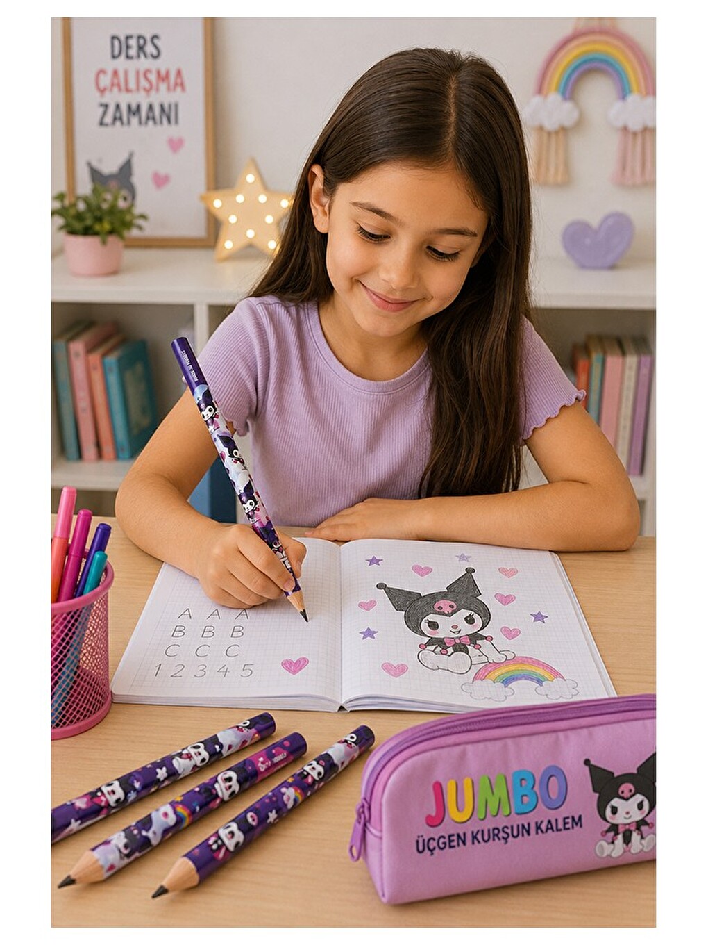 Kuromi Jumbo Kurşun Kalem 3 Adet Üçgen Başlangıç Kalemi Siyah Ilk Kalemim Jumbo Kalın Kalem Ko-2