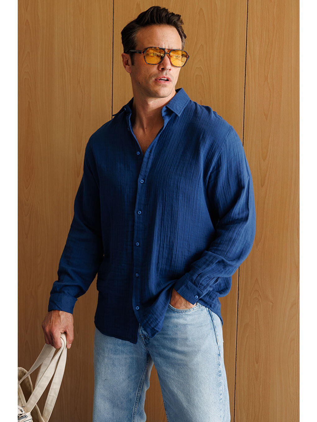 Lacivert Oversize Basic Erkek Müslin Gömlek ERKEK-MÜSLİN-GÖMLEK-6