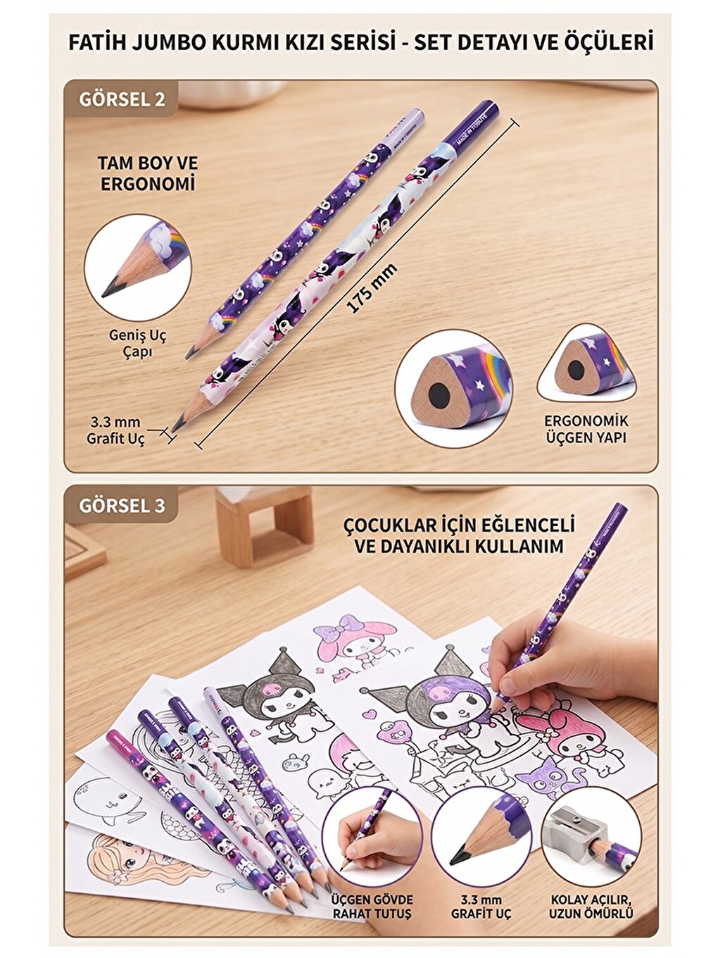 Kuromi Jumbo Kurşun Kalem 3 Adet Üçgen Başlangıç Kalemi Siyah Ilk Kalemim Jumbo Kalın Kalem Ko-3