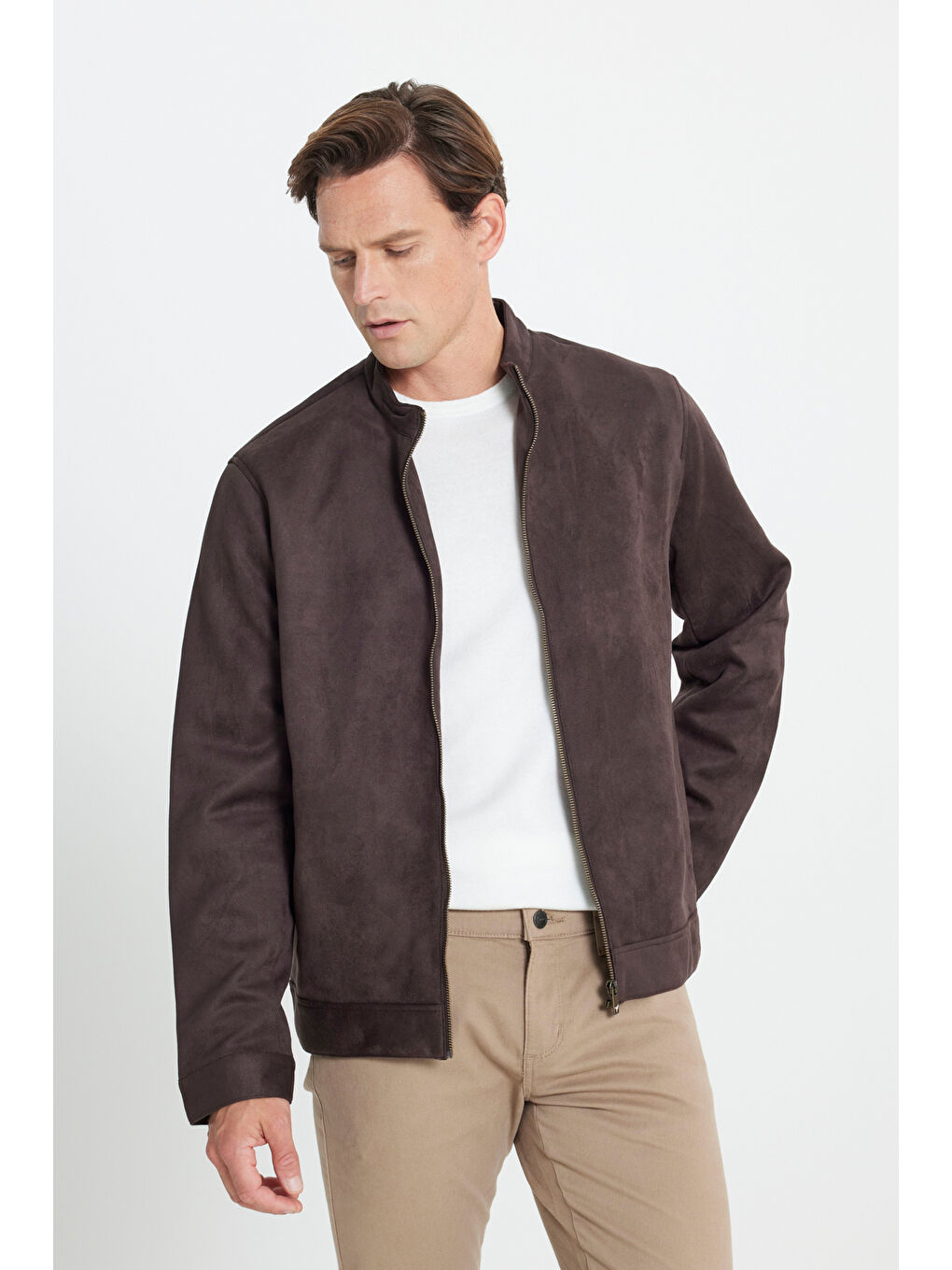 Erkek Kahverengi Standart Fit Normal Kesim Dik Yaka Yağlı Görünümlü Mont-2