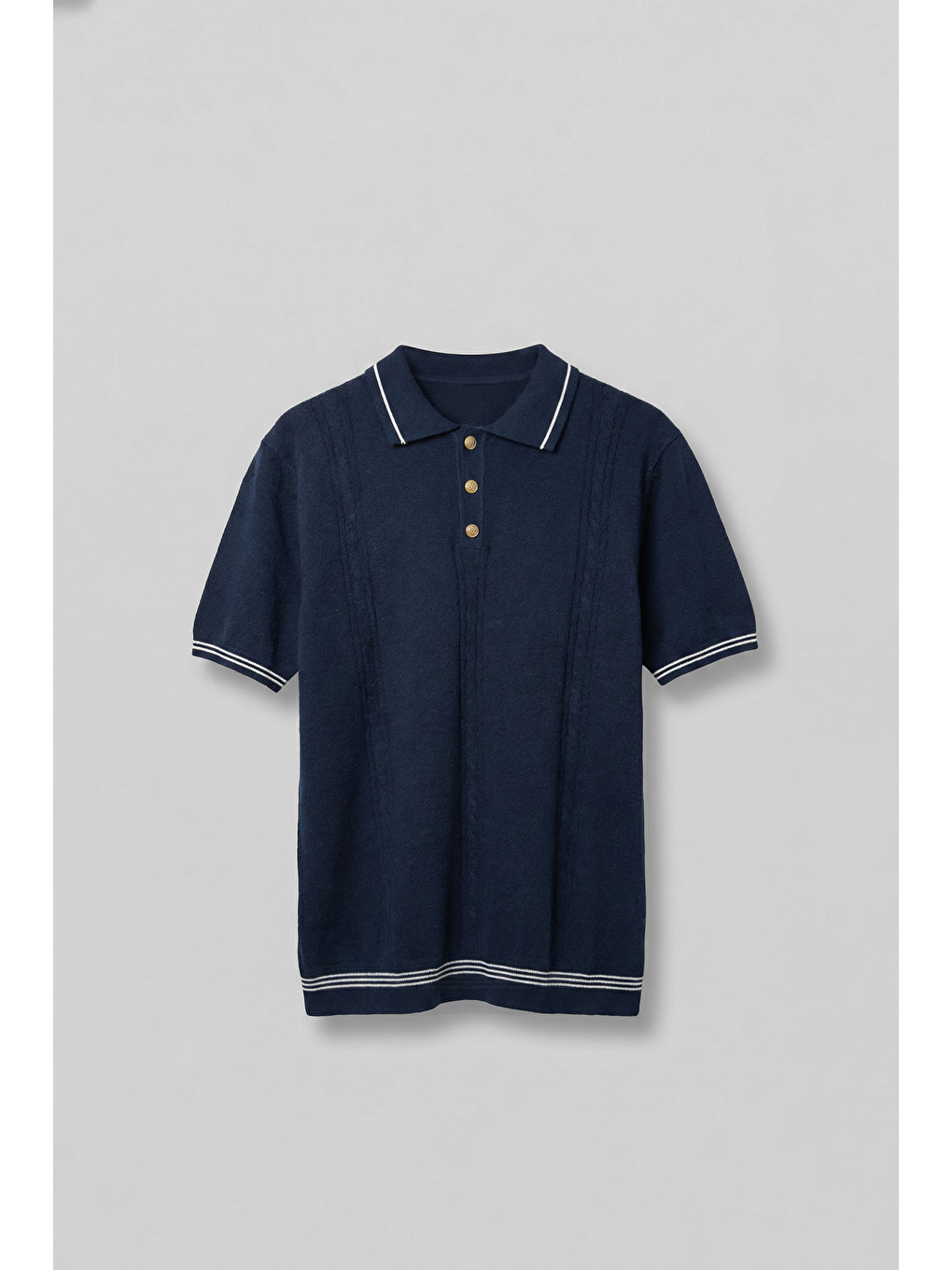 Erkek Regular Fit Saç Örgü Detaylı Triko Polo Yaka T Shirt Lacivert