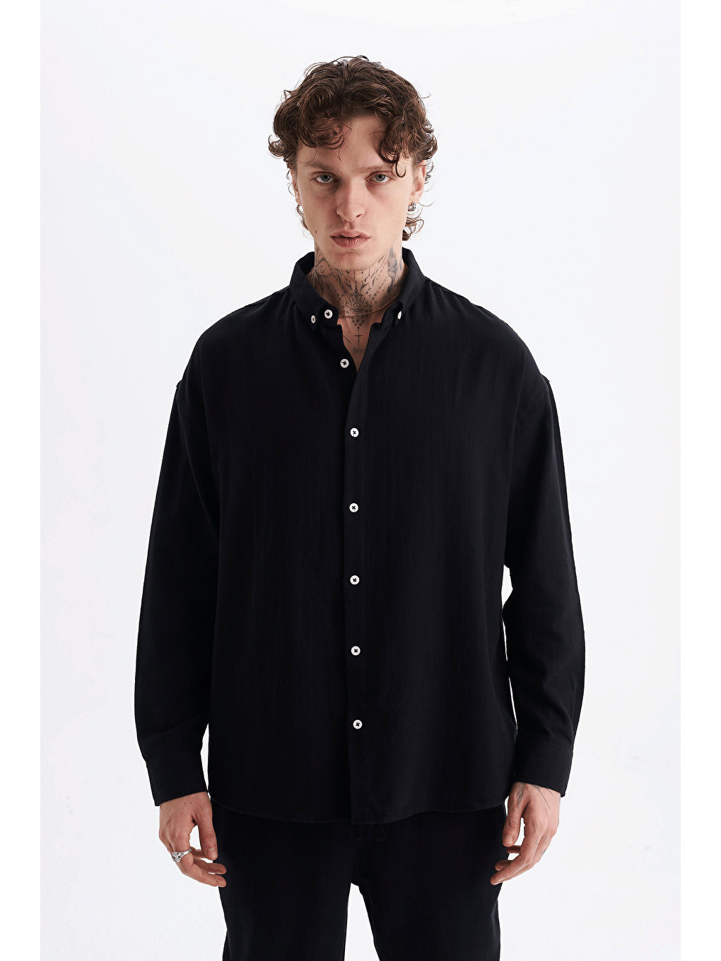 Erkek %100 Pamuklu Keten Görünümlü Pantolon Gömlek Takım Siyah-1