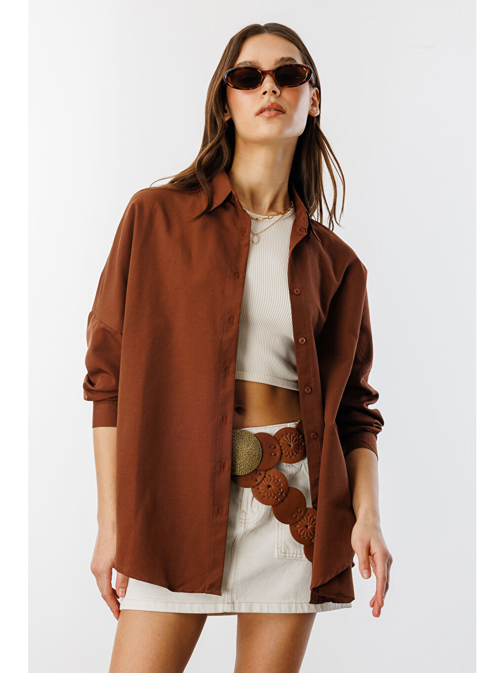 Kahverengi Oversize Basic Kadın Gömlek KADIN-BASIC-GÖMLEK-2