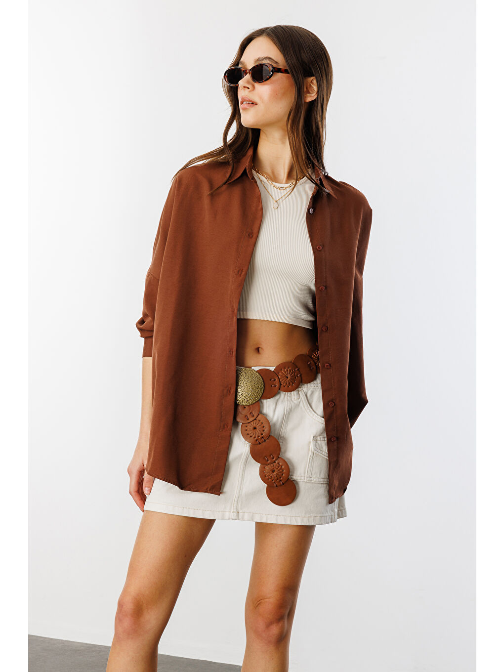 Kahverengi Oversize Basic Kadın Gömlek KADIN-BASIC-GÖMLEK-3