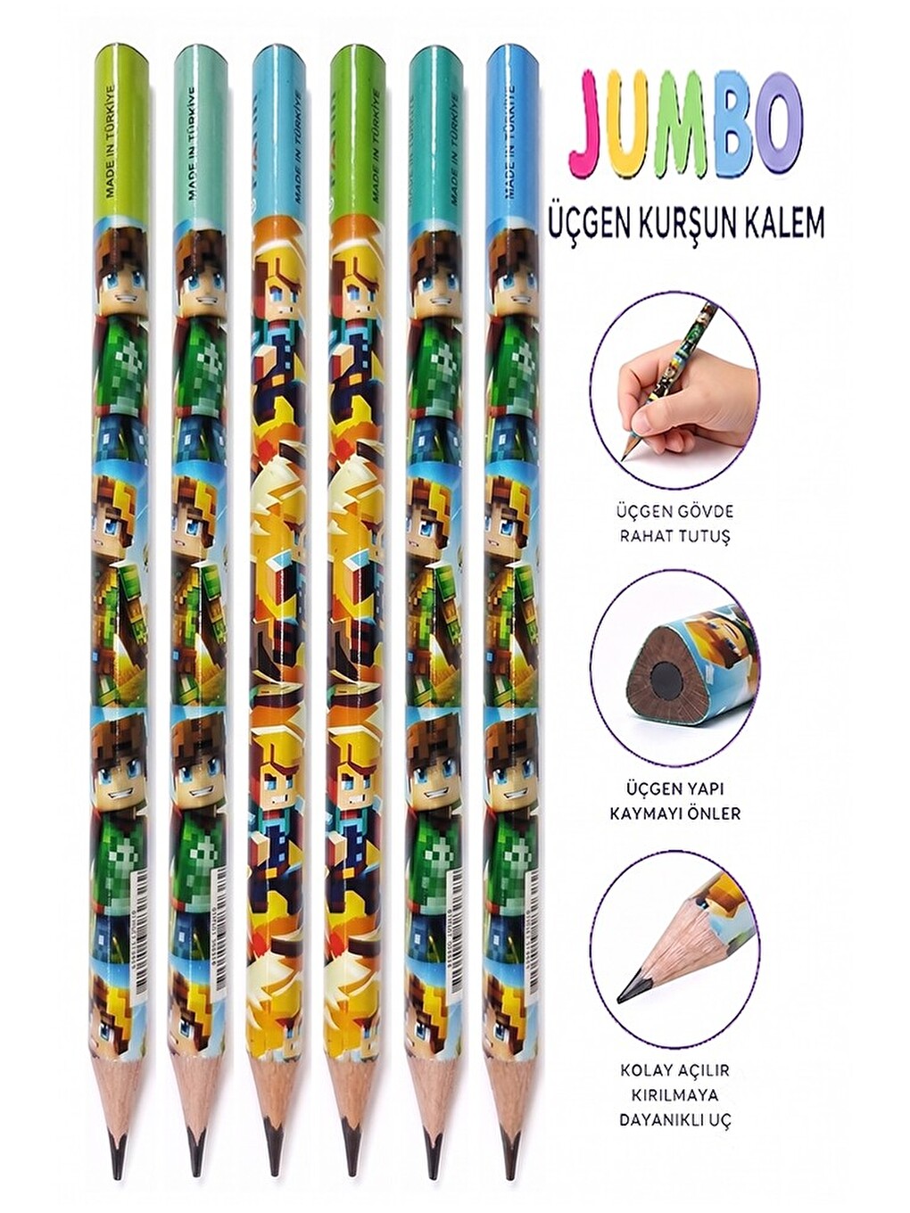 Mine Craft Jumbo Kurşun Kalem 6 Adet Üçgen Başlangıç Kalemi Siyah Ilk Kalemim Jumbo Kalın Kale