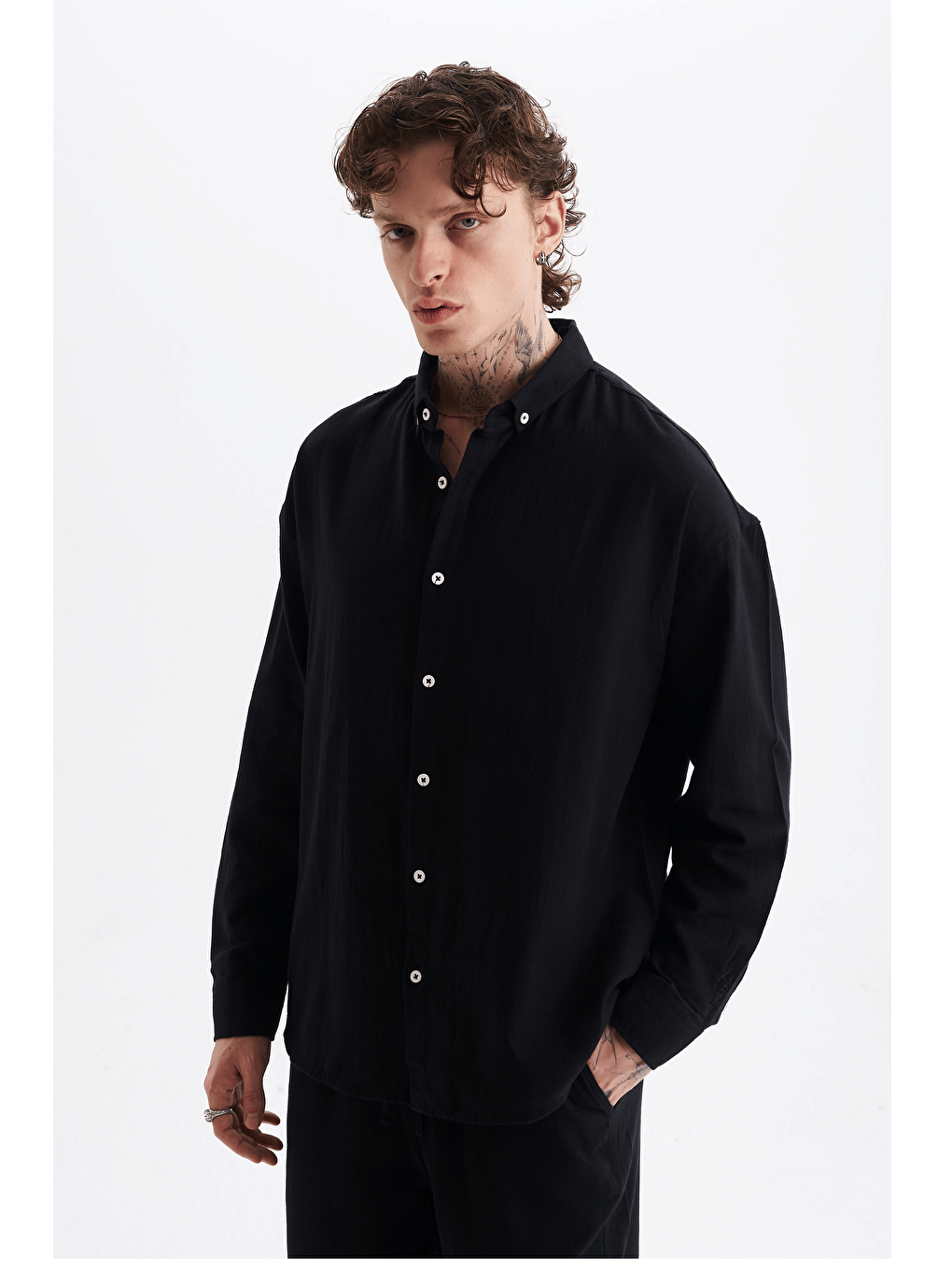 Erkek %100 Pamuklu Keten Görünümlü Pantolon Gömlek Takım Siyah-2