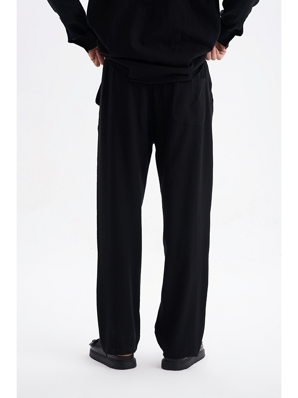 Erkek %100 Pamuklu Keten Görünümlü Pantolon Gömlek Takım Siyah-3