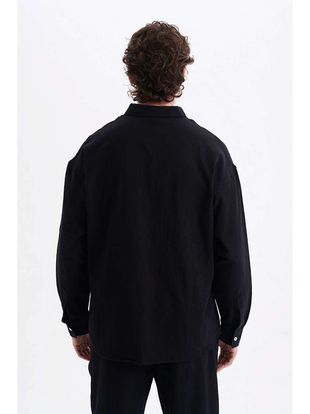 Erkek %100 Pamuklu Keten Görünümlü Pantolon Gömlek Takım Siyah-4