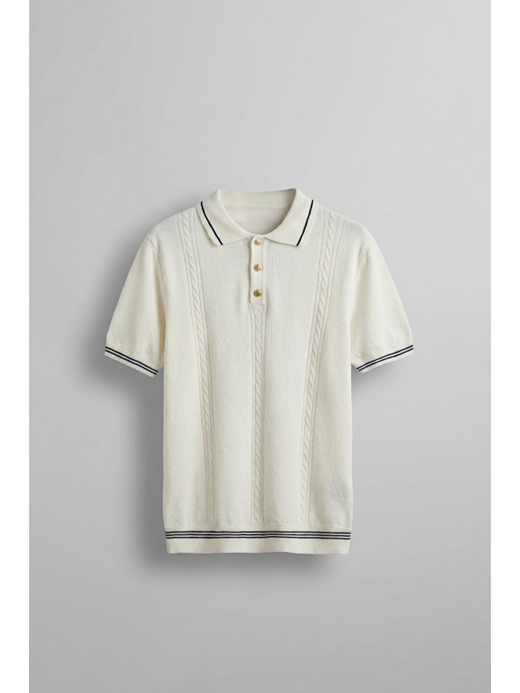 Erkek Regular Fit Saç Örgü Detaylı Triko Polo Yaka T Shirt Beyaz